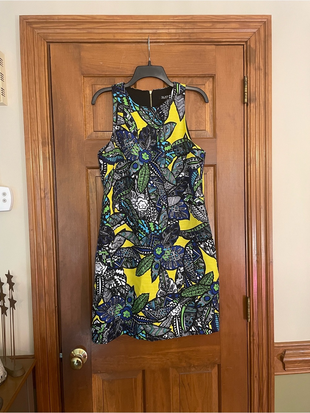 SLNY Yellow/Black Floral-Print‎ Sleeveless Dress, Zippered Back, Size 8